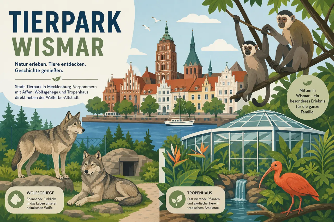 Tierpark Wismar — Stadt-Tierpark in Mecklenburg-Vorpommern mit Affen, Wolfsgehege und Tropenhaus direkt neben der Welterbe-Altstadt