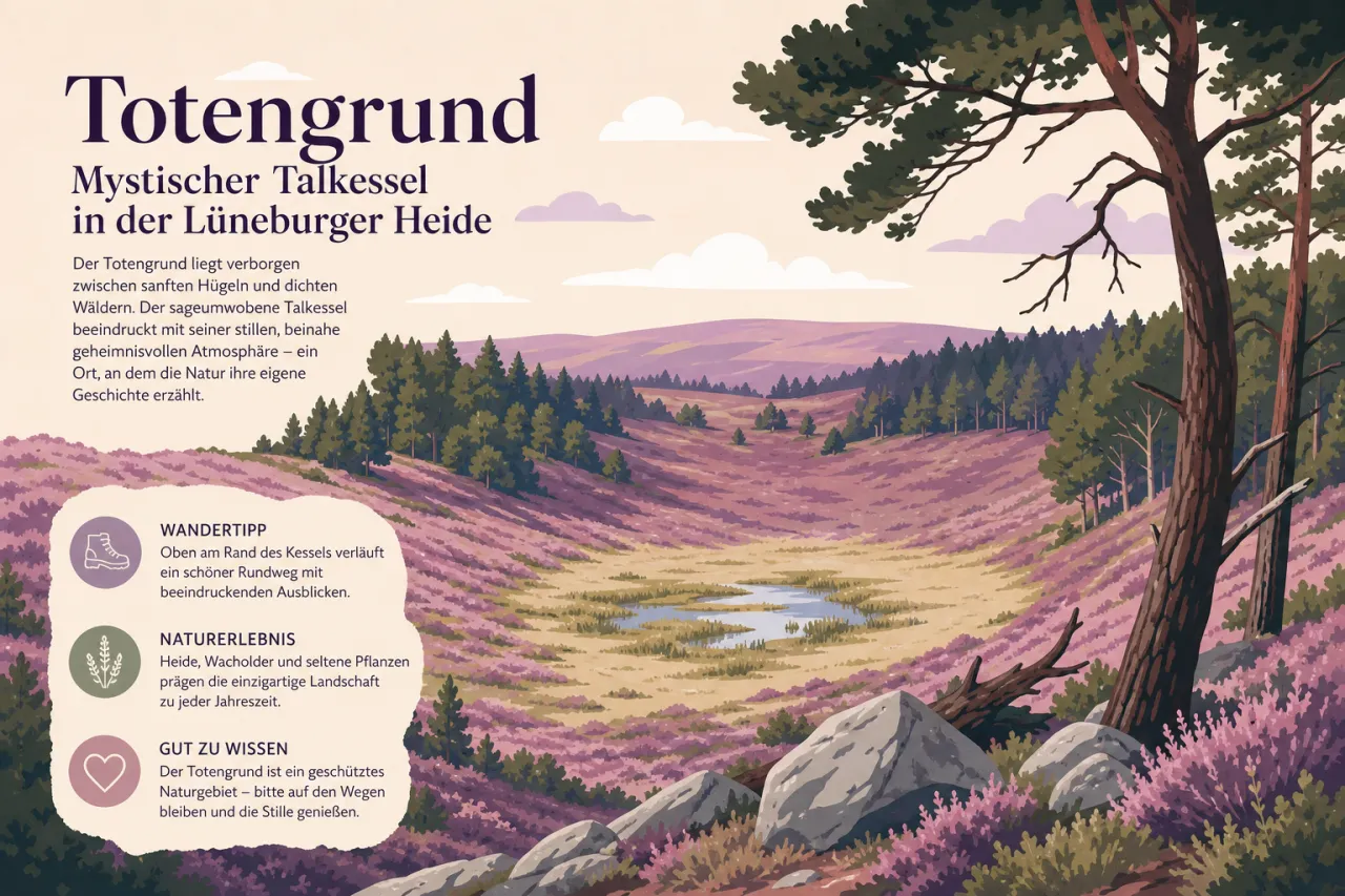 Totengrund in der Lüneburger Heide: mystischer Talkessel mit Heideblick