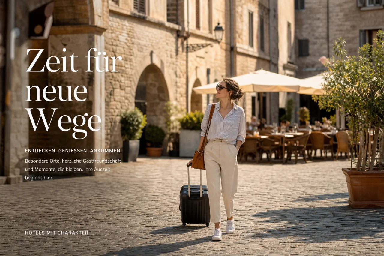 Reisende mit kleinem Koffer erkunden eine europäische Altstadt, entspannt und ohne Eile