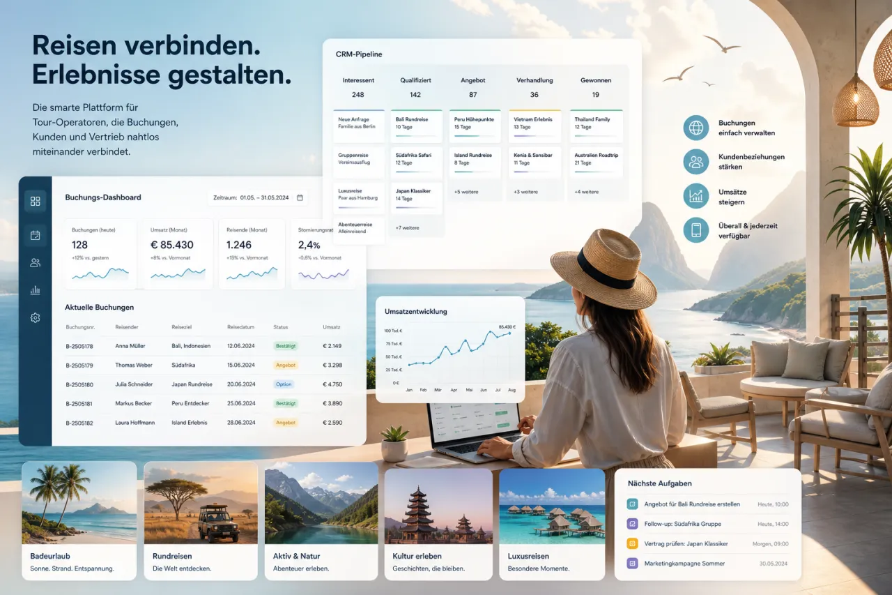 Dashboard-Ansicht für TripWorks Lead Center mit CRM- und Pipeline-Funktionen