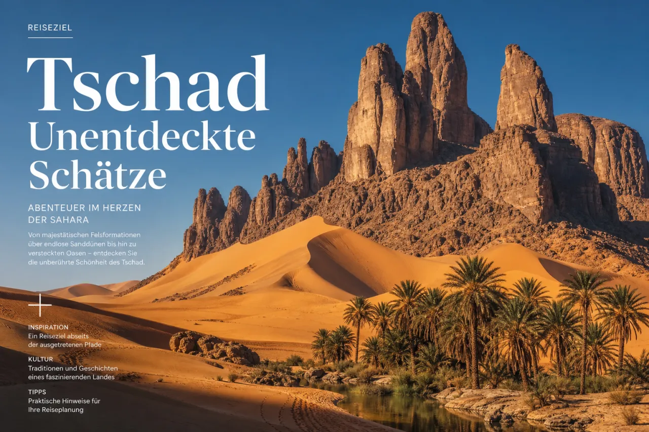 Sanddünen und Felsgipfel in der Sahara, Tschad — weite Wüstenlandschaft unter blauem Himmel