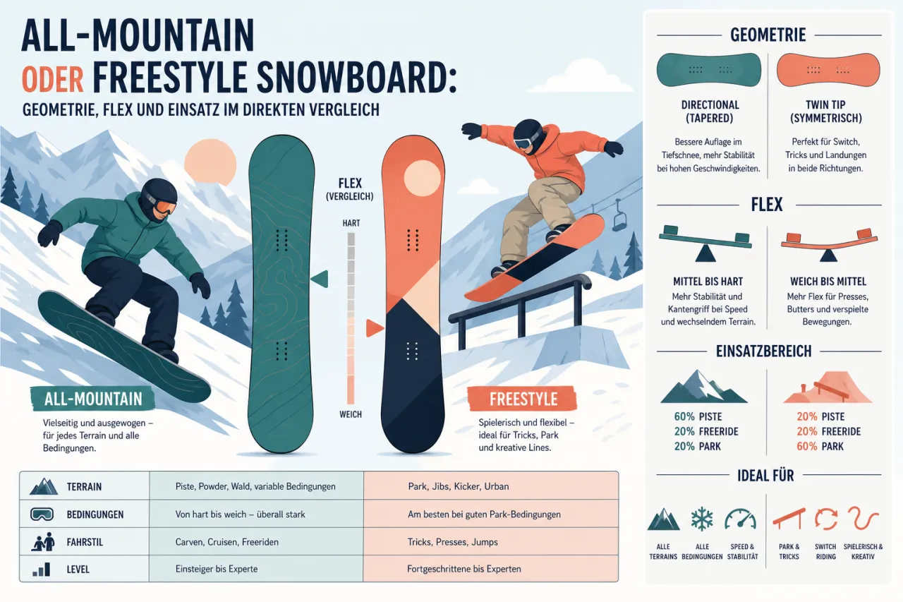 All-Mountain oder Freestyle Snowboard: Geometrie, Flex und Einsatz im direkten Vergleich
