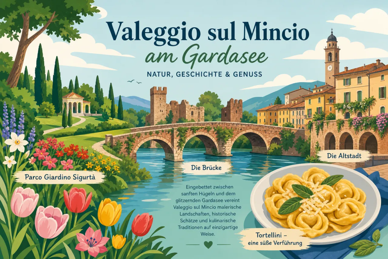 Valeggio sul Mincio am Gardasee: Parco Giardino Sigurtà, Brücke, Altstadt und Tortellini