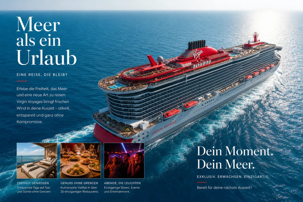 Virgin Voyages Kreuzfahrtschiff auf dem Meer, sonniges Wetter, modernes Schiffsdesign