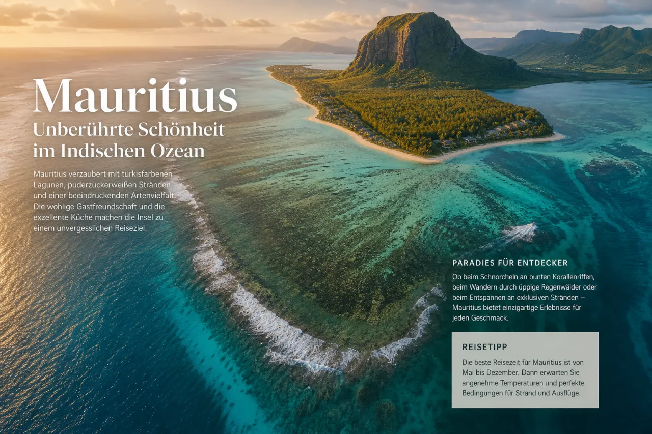 Türkisblaue Lagune auf Mauritius mit Korallenriff und dichtem Grün im Hintergrund
