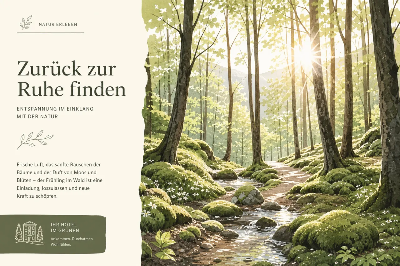 Dichter Frühlingswald mit Sonnenstrahlen zwischen hohen Bäumen – Stille Natur für mentale Erholung