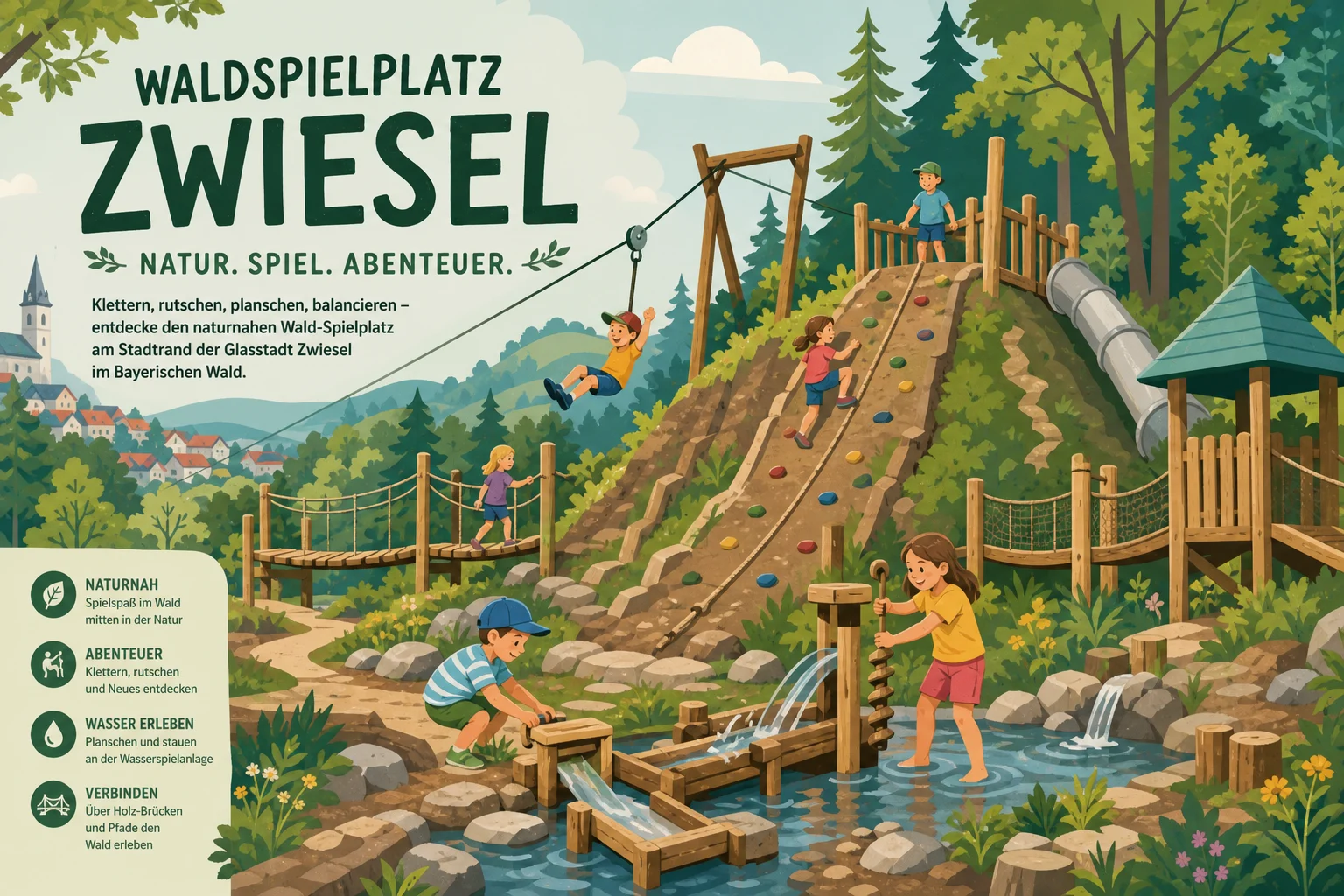 Waldspielplatz Zwiesel — naturnaher Wald-Spielplatz mit Kletter-Hügel, Seilbahn, Wasserspielanlage am Bach und Holz-Brücken am Stadtrand der Glasstadt Zwiesel im Bayerischen Wald