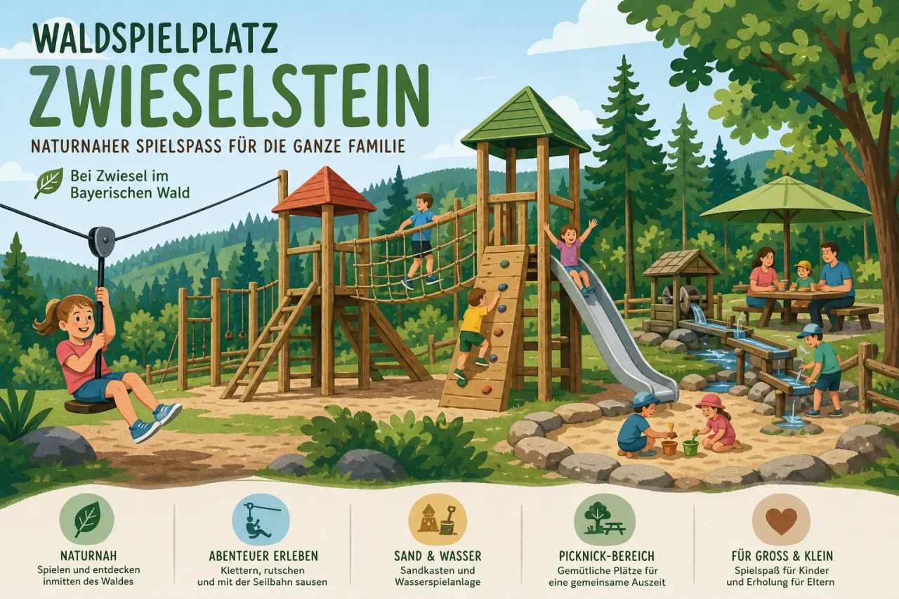 Waldspielplatz Zwieselstein — naturnaher Familien-Spielplatz im Bayerischen Wald mit Holz-Klettergerüsten, Seilbahn, Sandkasten, Wasserspielanlage und Picknick-Bereich bei Zwiesel in Niederbayern