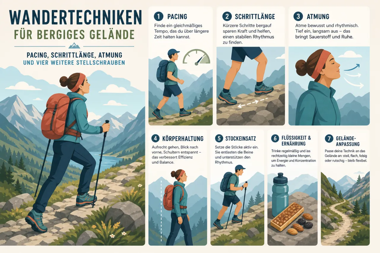 Wandertechniken fuer bergiges Gelaende: Pacing, Schrittlaenge, Atmung und vier weitere Stellschrauben