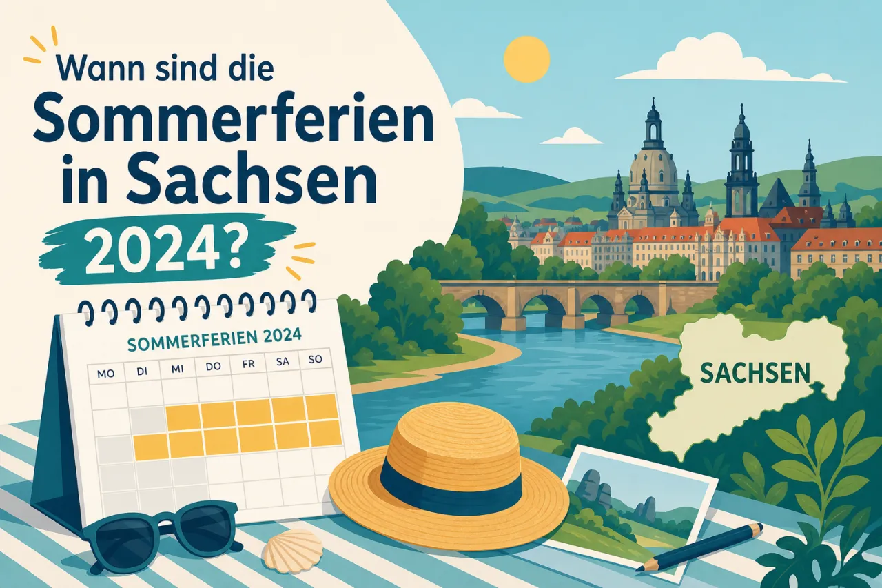 Illustration: Sommerferienkalender 2024 für Sachsen mit Strohhut, Sonnenbrille und Fotoabzug vor Flusslandschaft mit Kirchen und Brücke