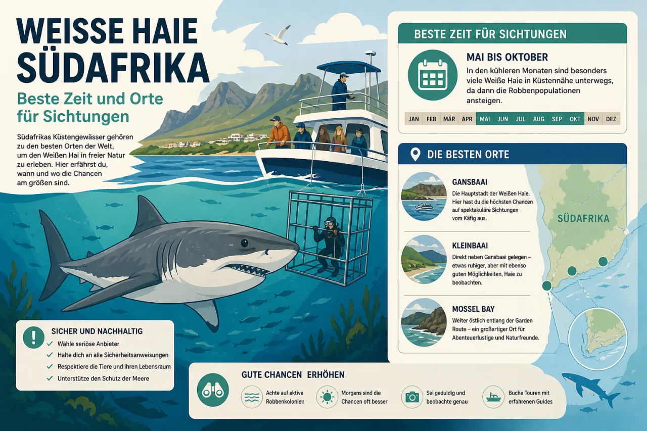 Weiße Haie Südafrika: beste Zeit und Orte für Sichtungen