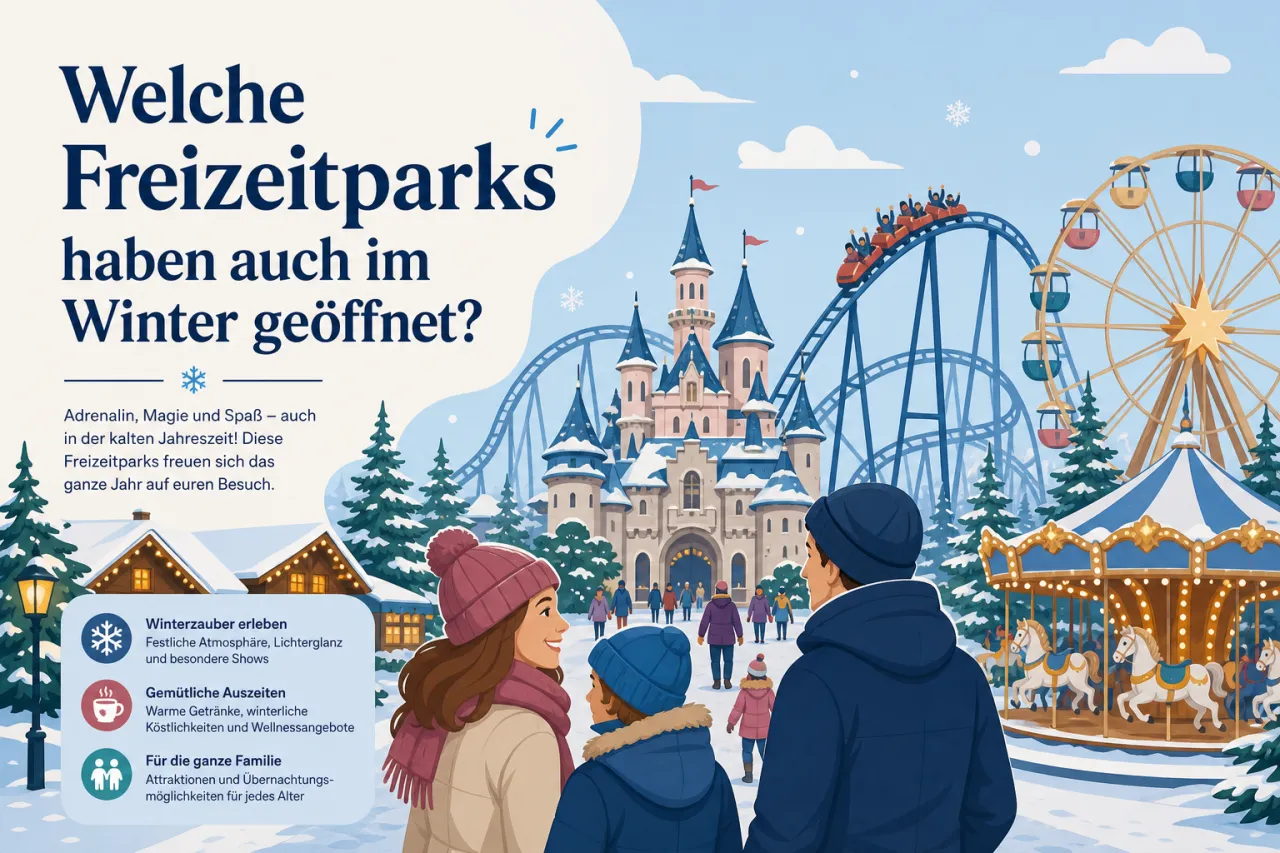 Frau von hinten in Winterjacke blickt auf verschneiten Freizeitpark mit Riesenrad, Achterbahn und festlich beleuchteten Buden