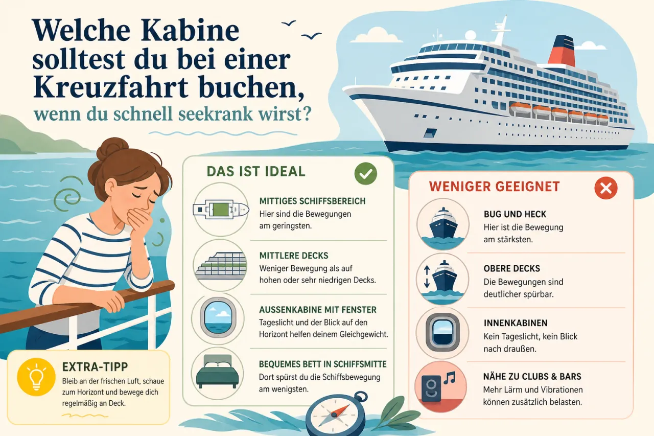 Welche Kabine sollte man bei einer Kreuzfahrt buchen, wenn man schnell Seekrank wird?