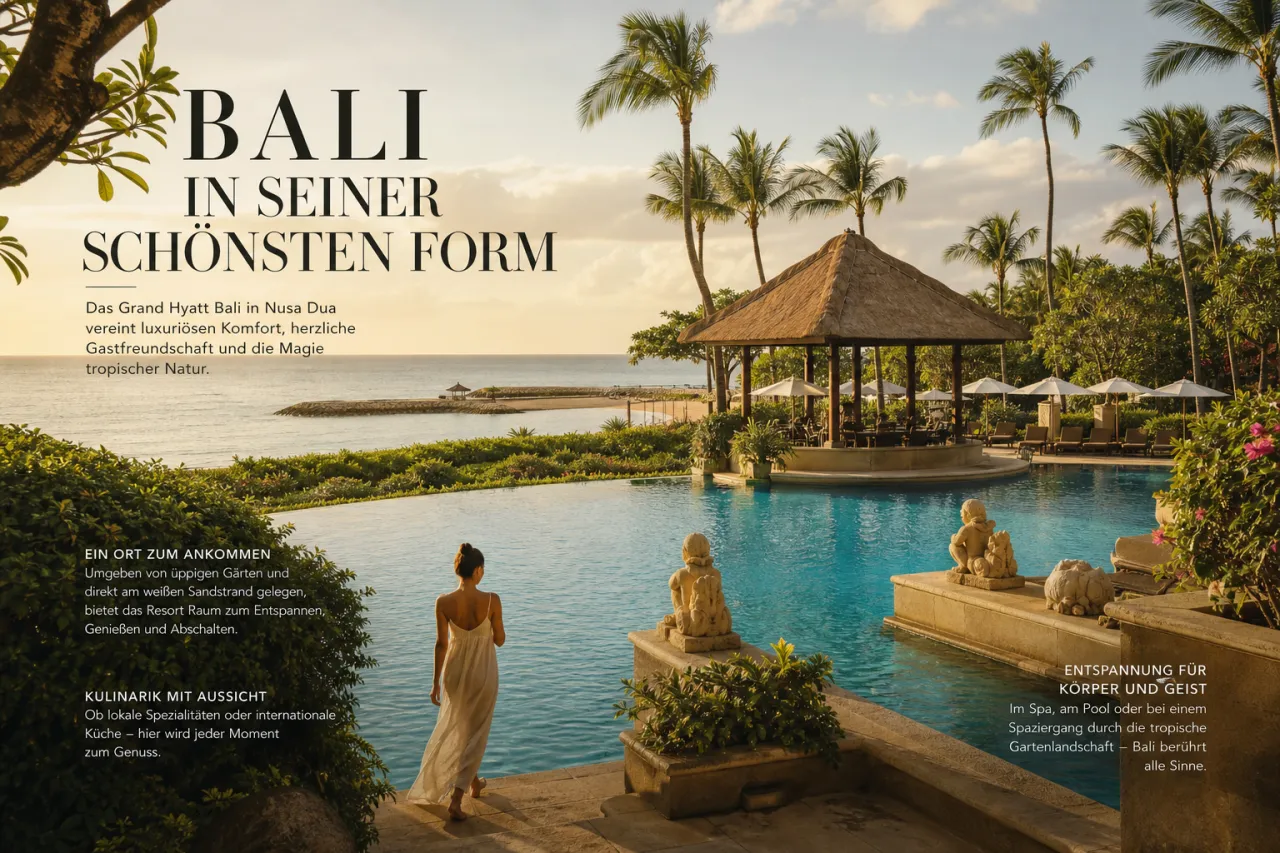 Beachfront-Pool des Grand Hyatt Bali in Nusa Dua mit tropischer Gartenanlage und Meerblick