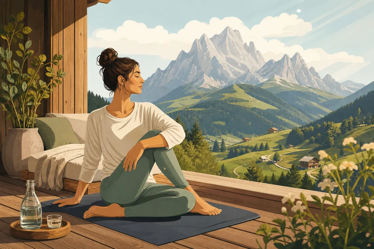Frau beim Yoga auf einer Terrasse mit Bergblick — Wellness-Urlaub in den Alpen