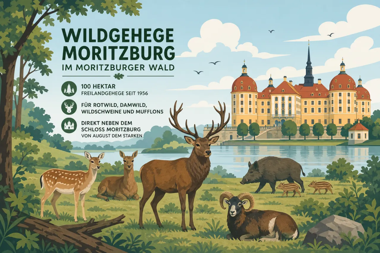 Wildgehege Moritzburg im Moritzburger Wald: 100 Hektar Freilandgehege seit 1956 für Rotwild, Damwild, Wildschweine und Mufflons, direkt neben dem Schloss Moritzburg von August dem Starken