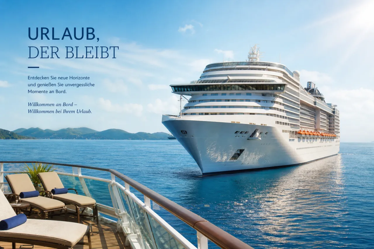 Kreuzfahrtschiff auf offenem Meer im Sommer, sonniges Wetter, Deck mit Liegestühlen