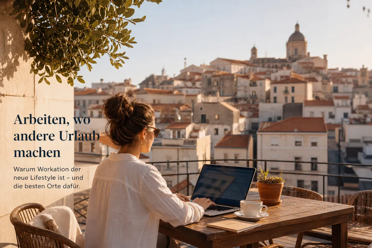 Laptop auf Terrassentisch mit Blick auf sonnige Altstadtdächer — typische Workation-Atmosphäre im Süden