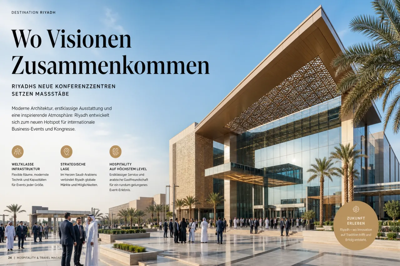 Kongresszentrum Riyadh Front Exhibition & Conference Centre mit modernen Glasfassaden unter blauem Himmel
