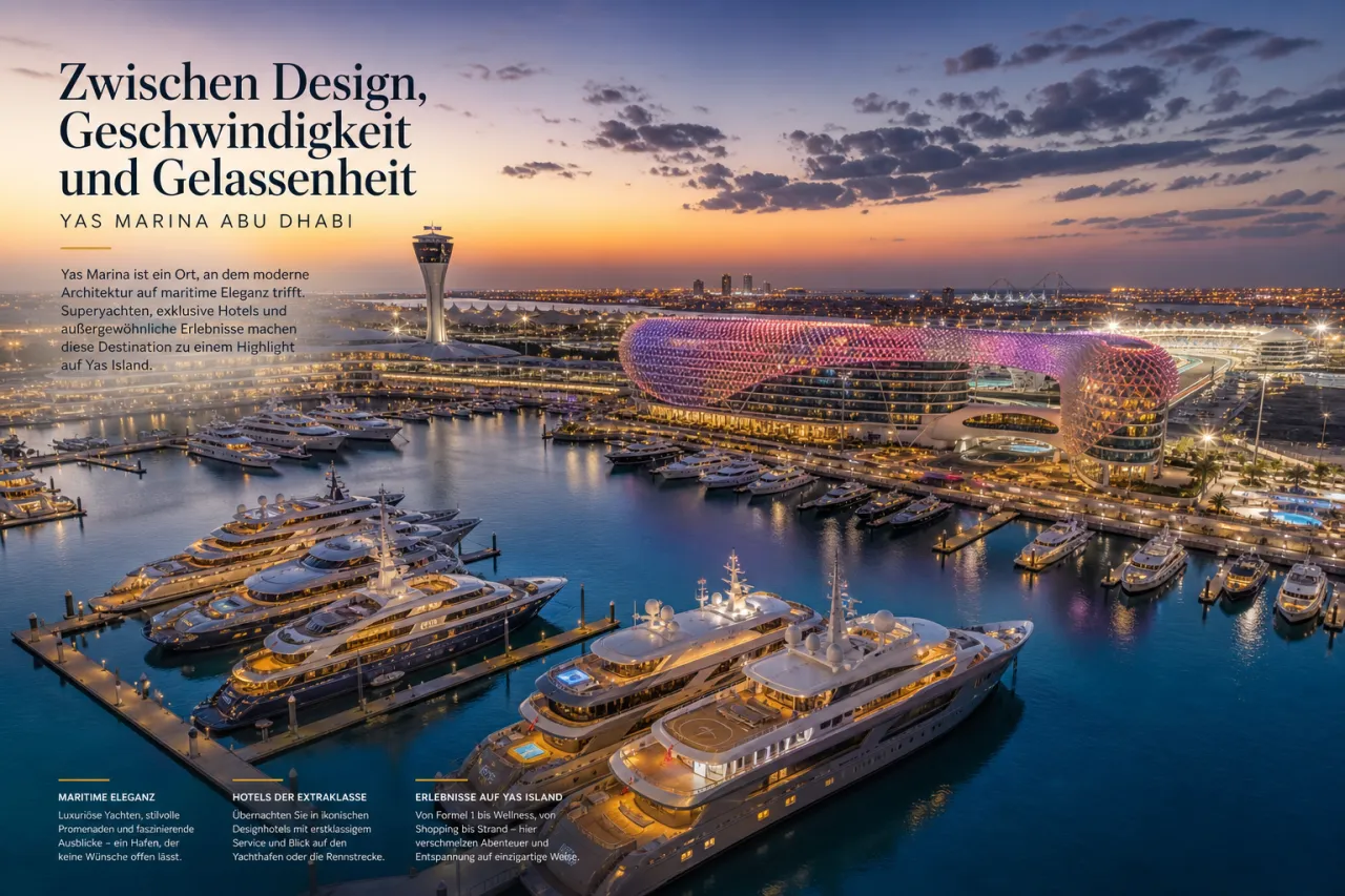 Yas Marina Abu Dhabi bei Nacht, Superyachten an den Stegen, Skyline von Yas Island im Hintergrund