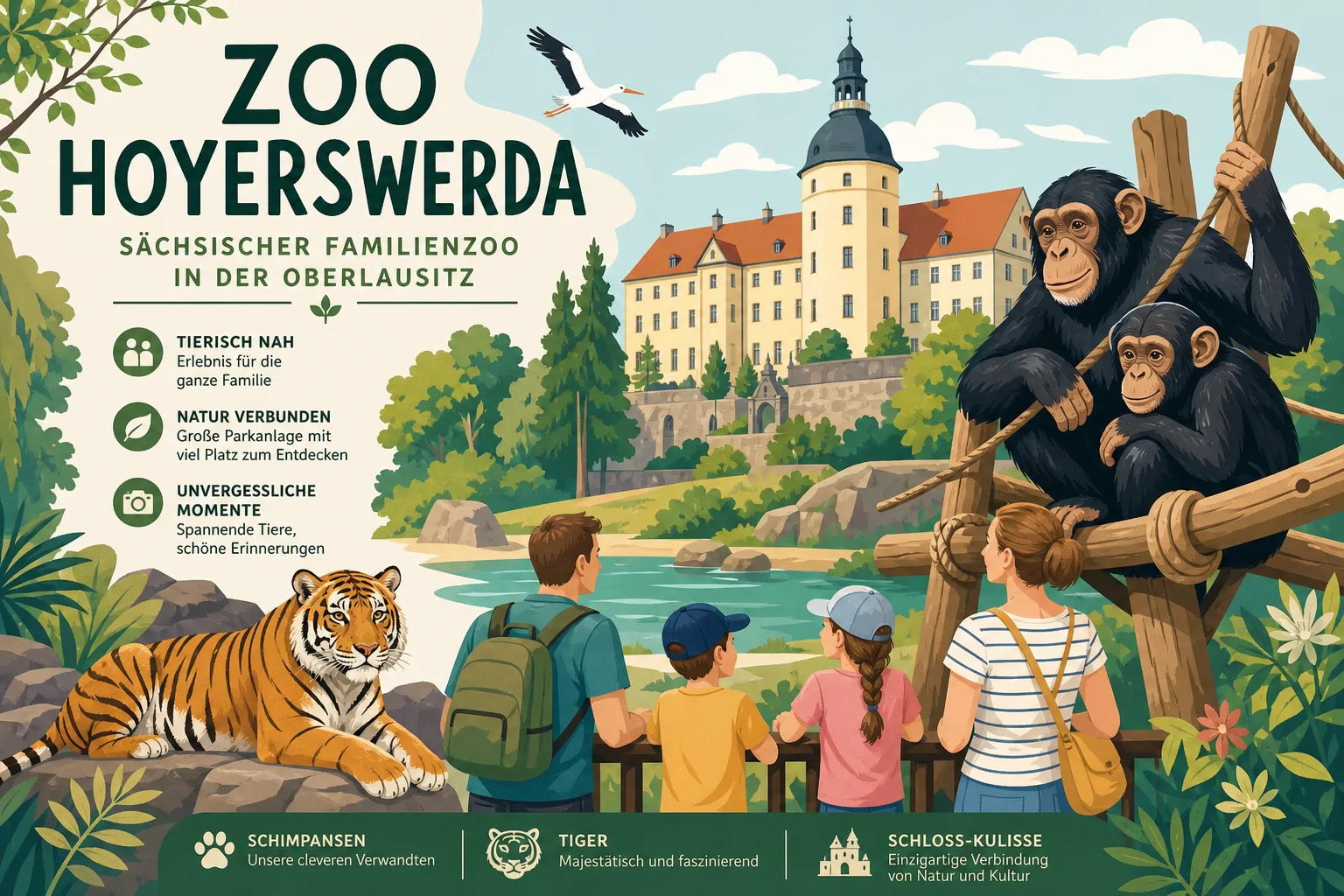 Zoo Hoyerswerda — sächsischer Familienzoo in der Oberlausitz mit Schimpansen, Tigern und Schloss-Kulisse