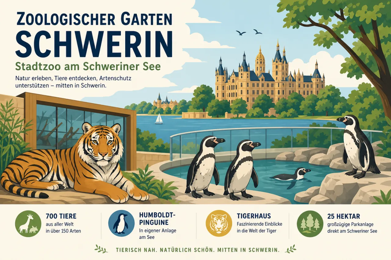 Zoologischer Garten Schwerin: Stadtzoo am Schweriner See mit 700 Tieren, Humboldt-Pinguinen und Tigerhaus auf 25 Hektar