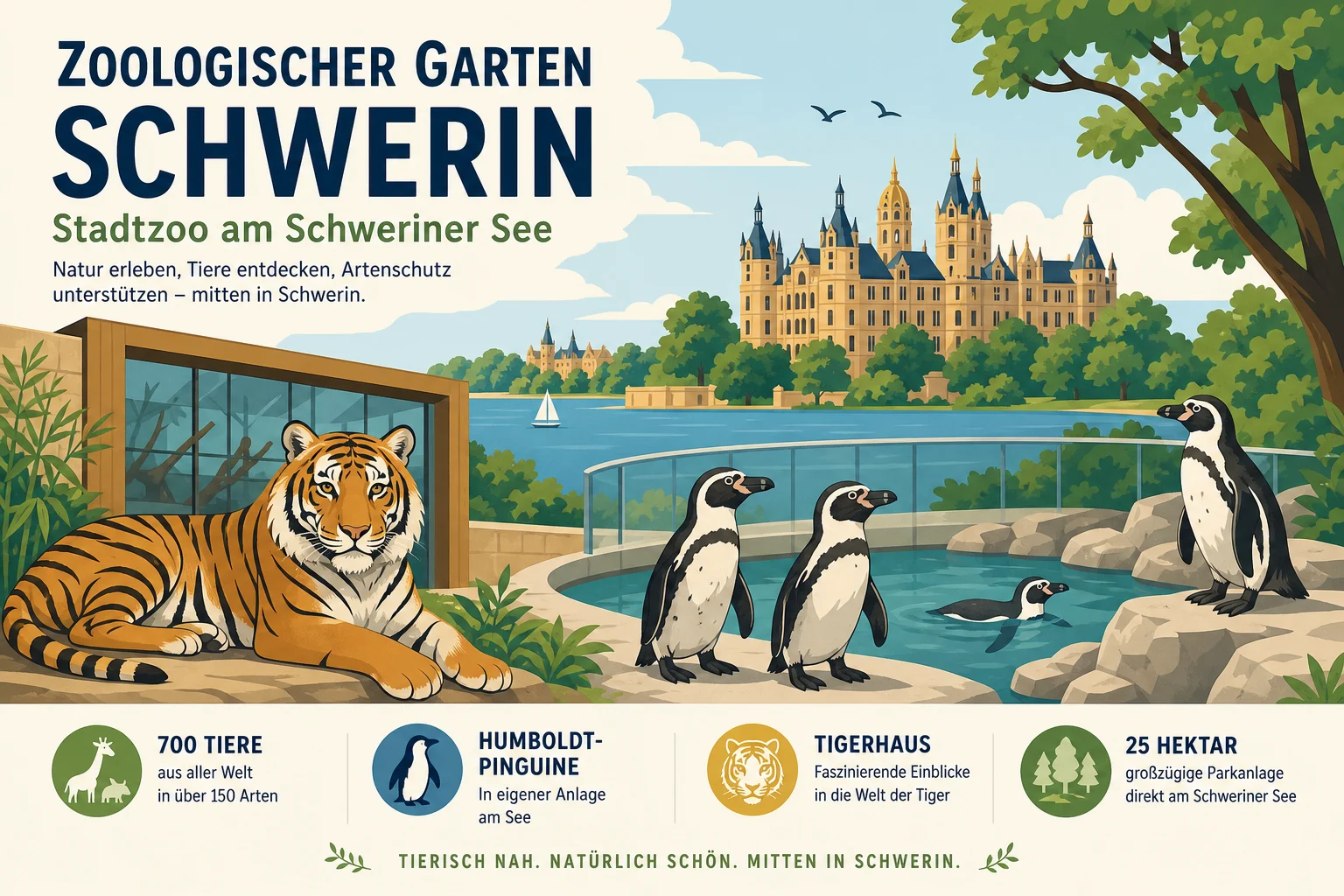 Zoologischer Garten Schwerin: Stadtzoo am Schweriner See mit 700 Tieren, Humboldt-Pinguinen und Tigerhaus auf 25 Hektar