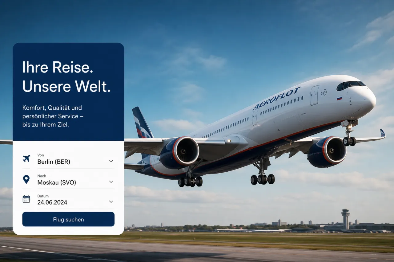 Airbus A350 von Aeroflot beim Start, blauer Himmel, Triebwerke sichtbar