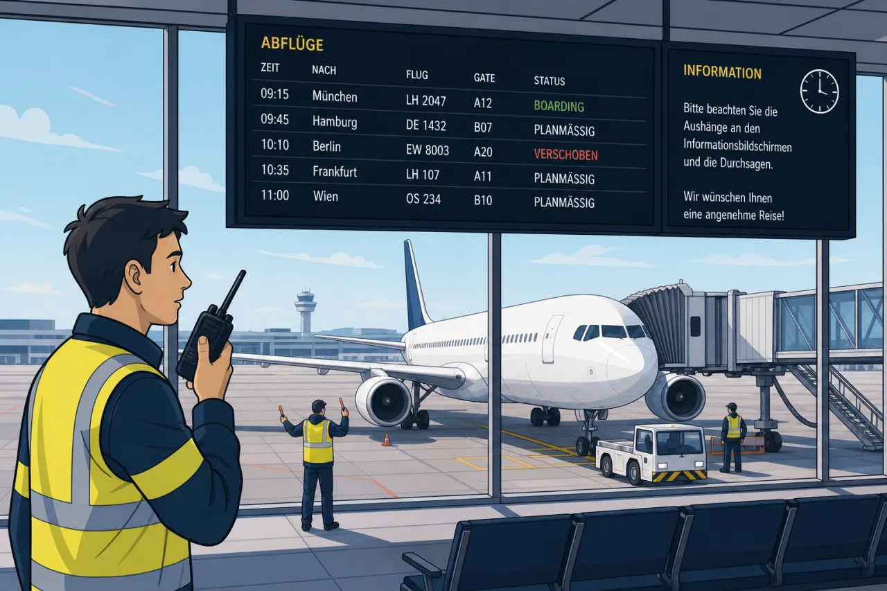 Flugzeug am Gate mit Bodenpersonal und digitaler Anzeige im Terminal