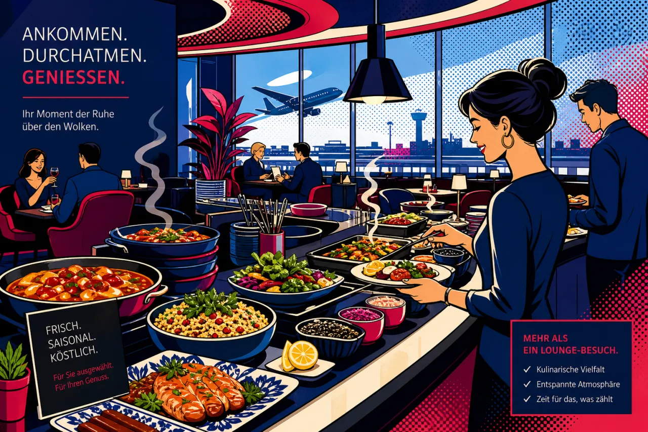 American Airlines Lounge mit Speisenangebot vor dem Abflug