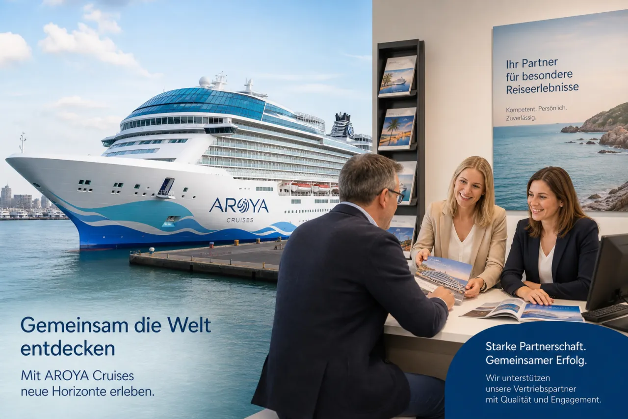 AROYA Cruises Schiff im Hafen mit LCC-Vertriebspartnern in der Kreuzfahrt