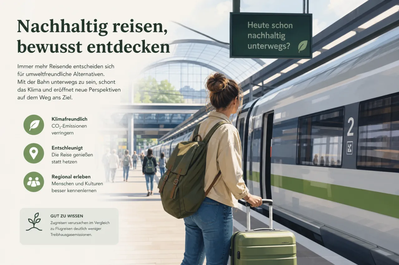 Reisende am Bahnsteig mit Gepäck, Thema nachhaltiges Reisen und Reiseplanung