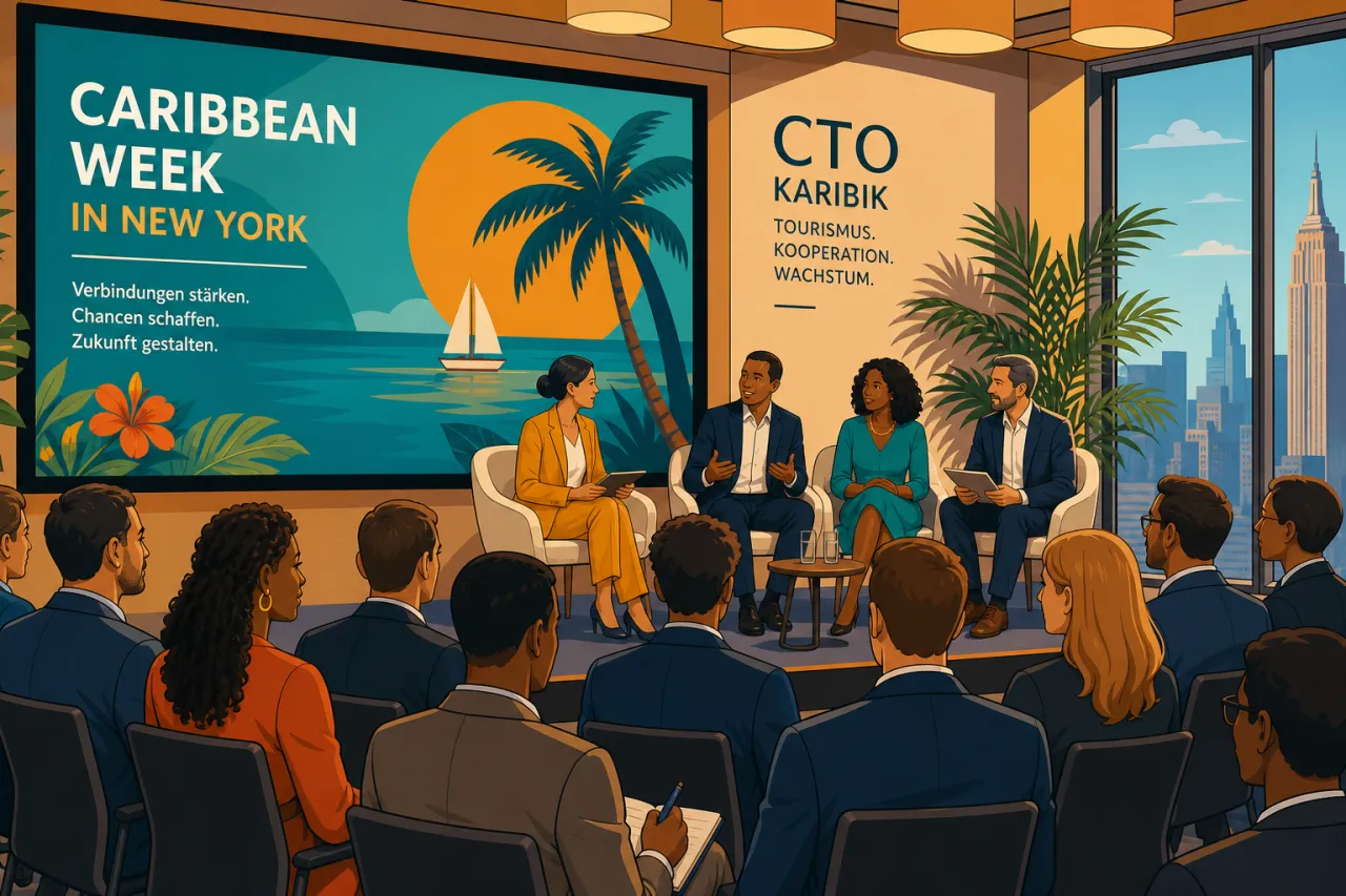 Caribbean-Week-Logo neben Konferenzsaal in New York mit CTO-Branding