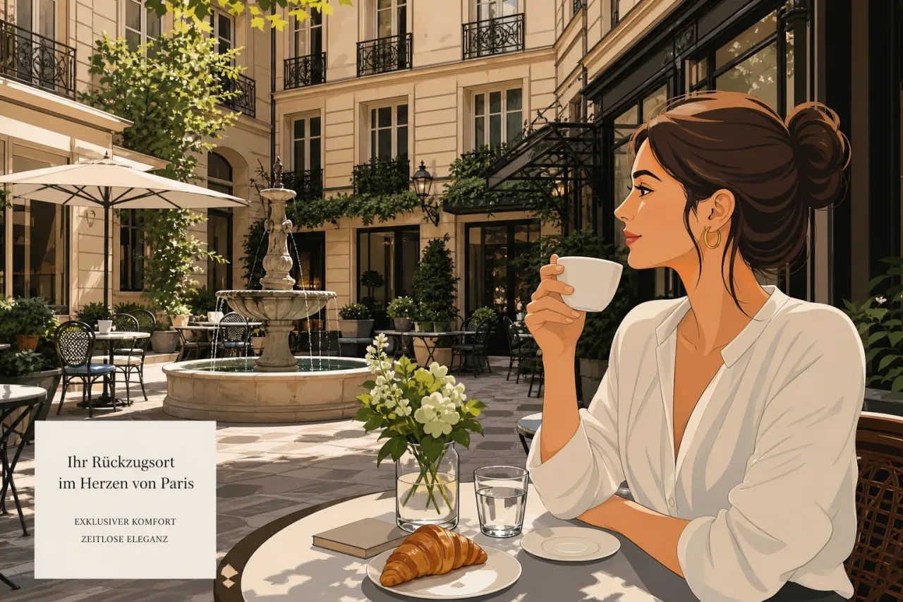 Innenhof von Castille Paris mit Brunnen und Sommerterrasse im 1. Arrondissement