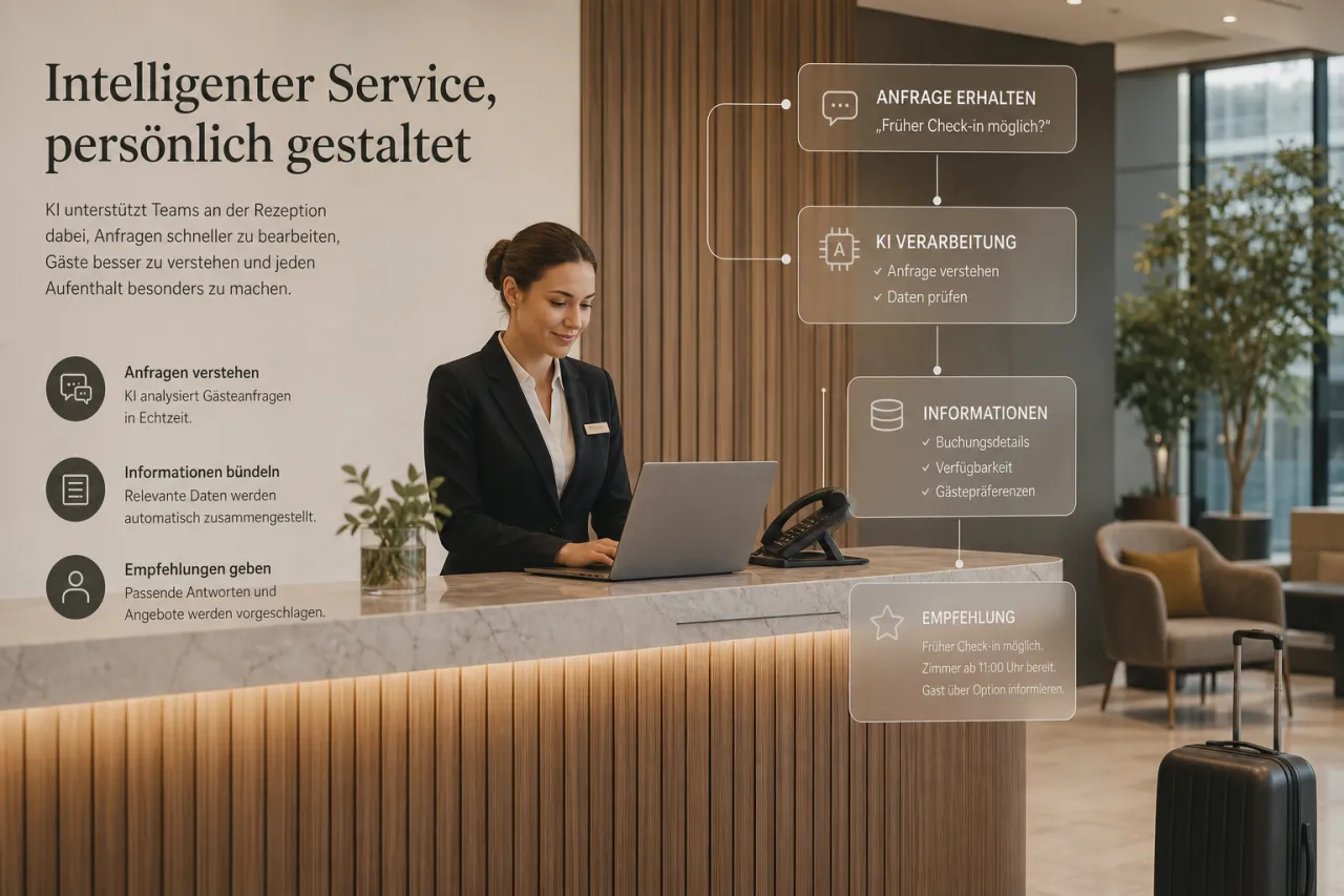 Hotelrezeption mit Laptop und Telefon als Symbol für KI-Agenten im Betrieb