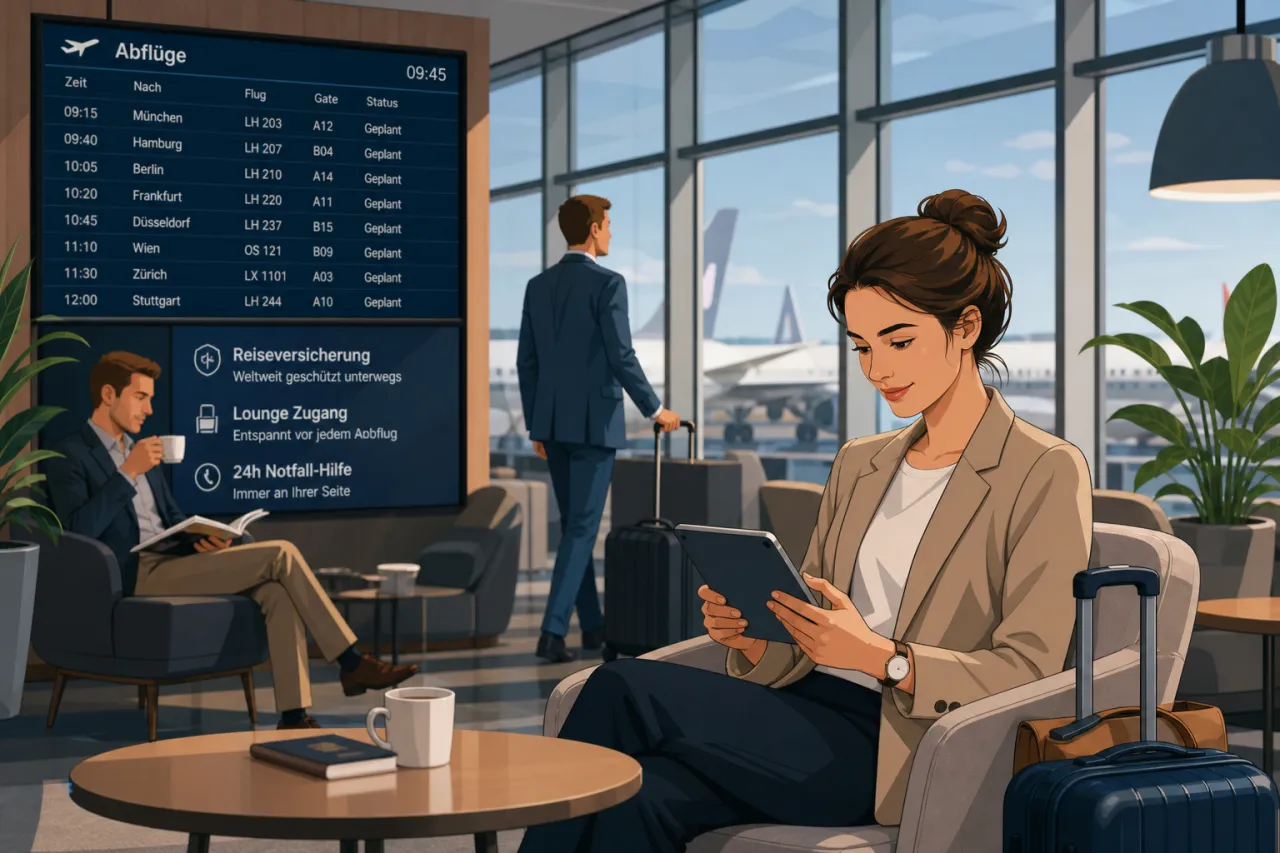 Flughafen-Lounge mit Blick auf Abflugtafeln und Reisende vor dem Boarding