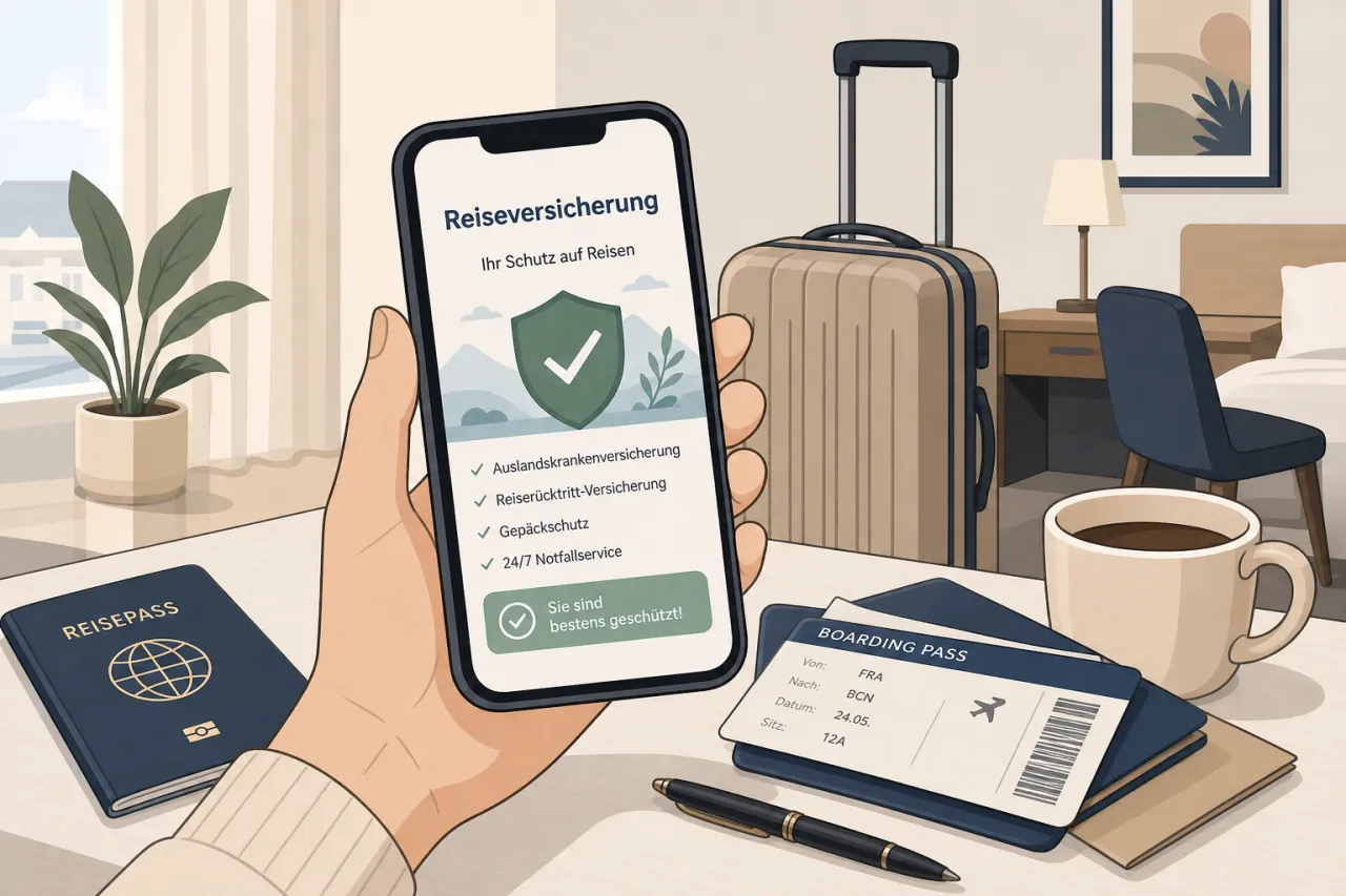 Reiseversicherung per Smartphone mit App, Bordkarte und Koffer auf dem Tisch