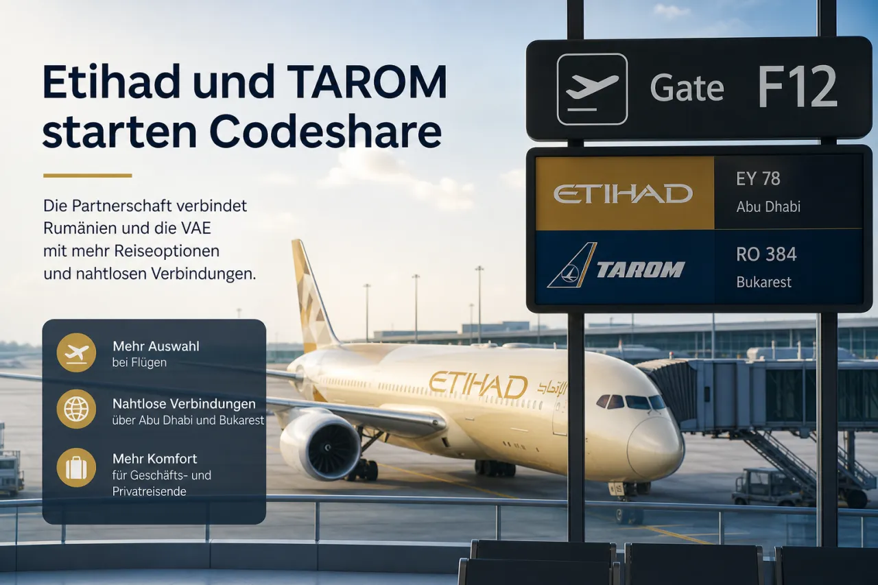 Etihad-Flugzeug am Gate mit TAROM-Anschluss im Hintergrund