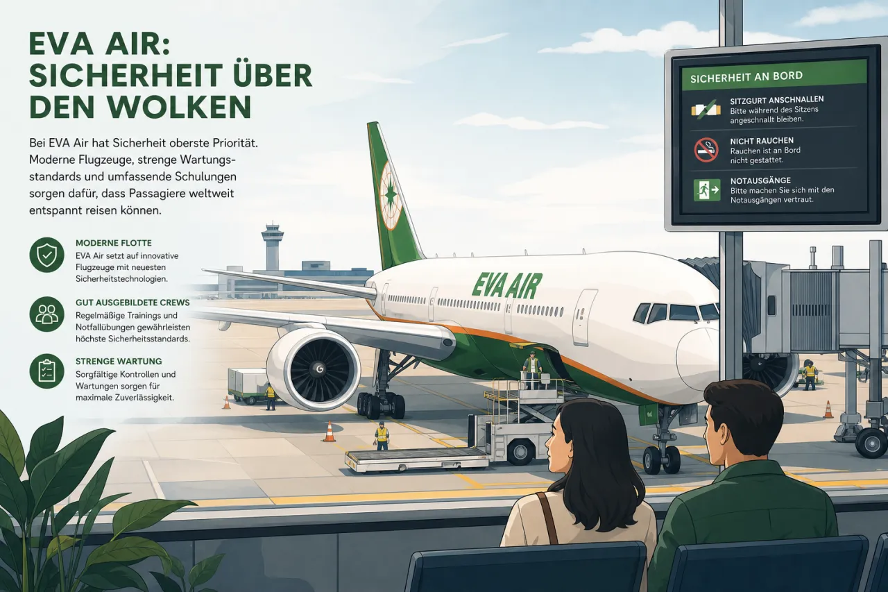EVA Air Flugzeug am Gate, Sicherheitsauszeichnung im Fokus