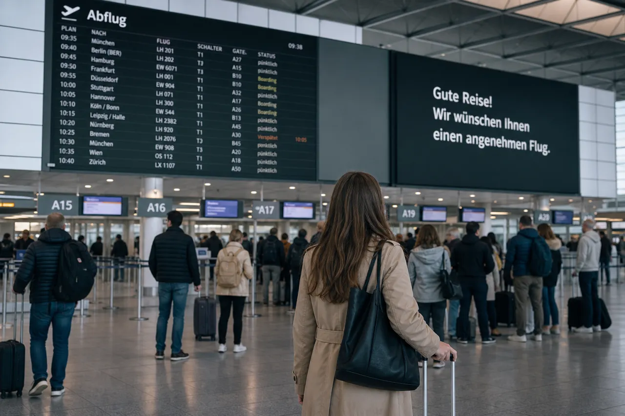 Flughafenszene mit wartenden Passagieren und Abflugtafeln im Hintergrund