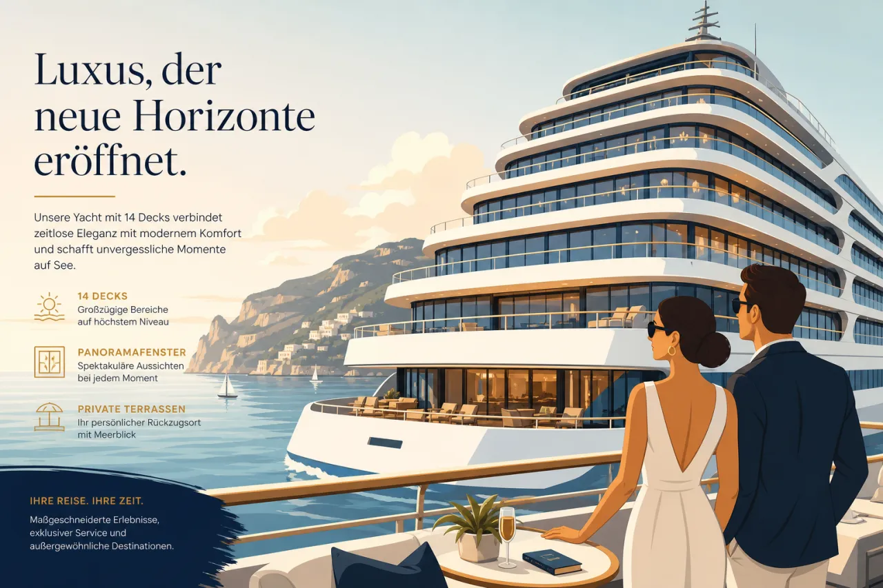 Four-Seasons-Yacht mit privaten Suiten und großer Glasfront auf ruhiger See