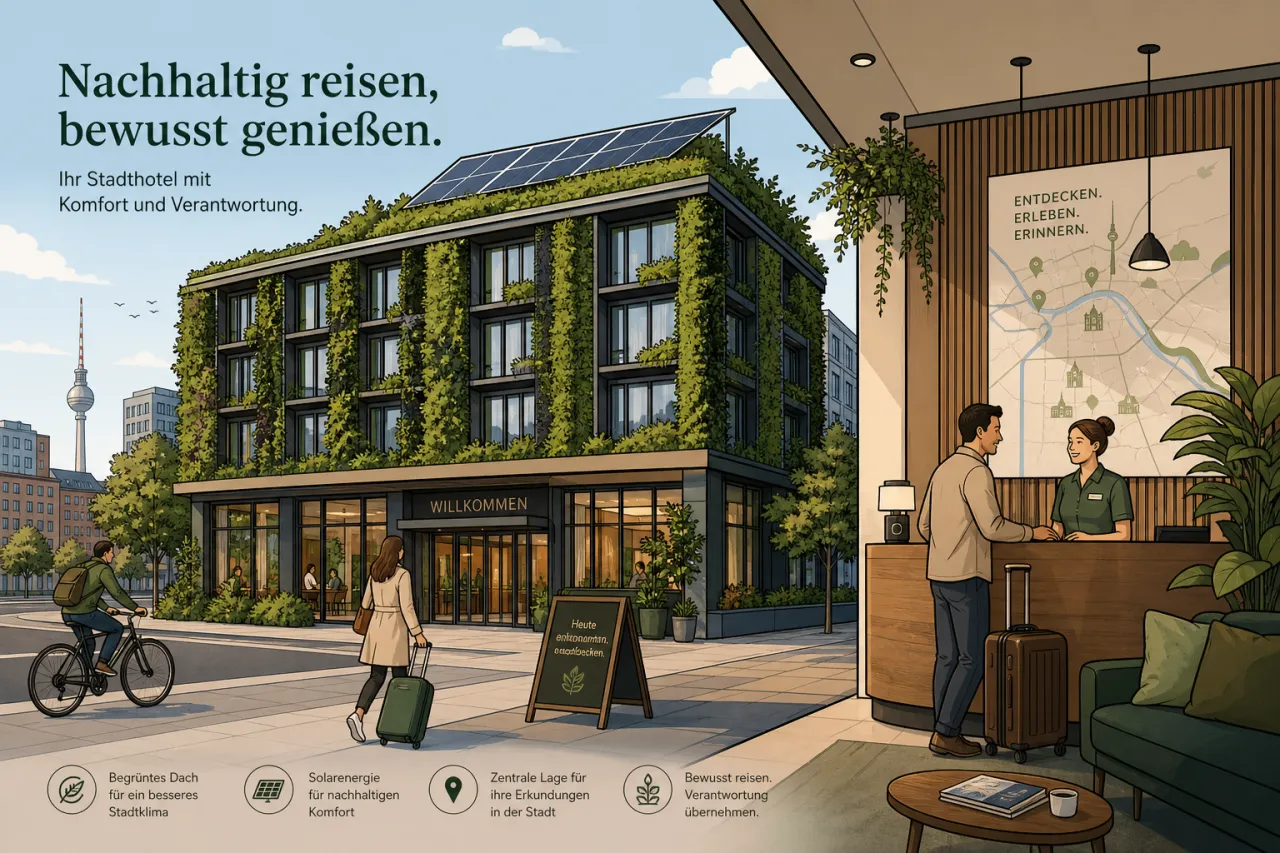 Hotelgebäude mit Solaranlage und begrüntem Dach als Symbol für nachhaltige Hotelinvestments