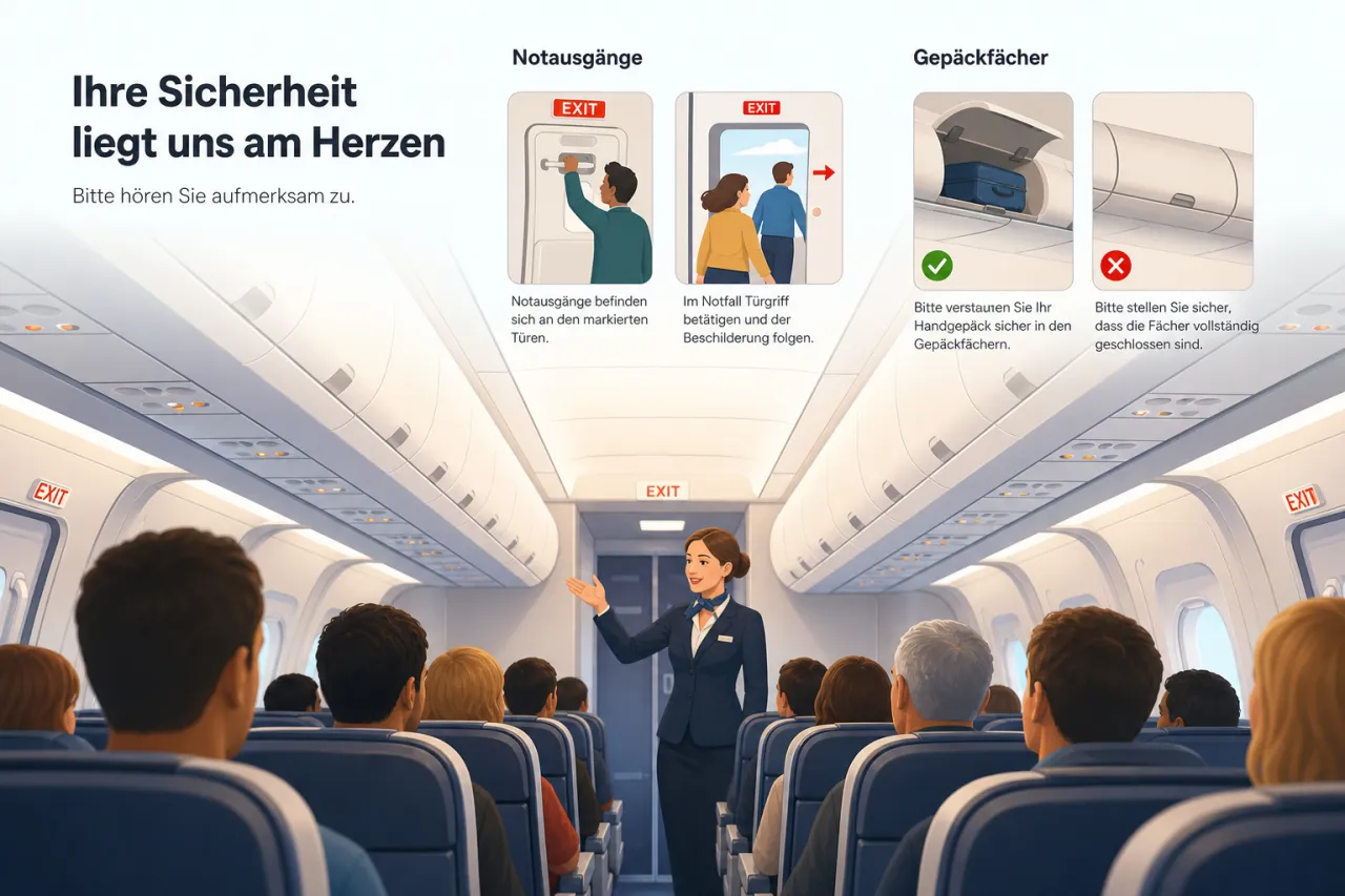Flugzeugkabine mit geöffneten Gepäckfächern vor einem Sicherheits-Hinweis