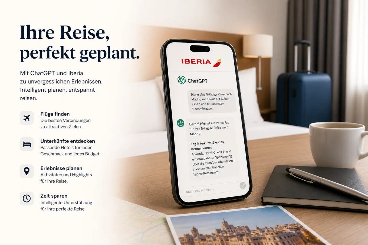 Iberia-Logo auf dem Smartphone neben ChatGPT-Ansicht zur Reiseplanung