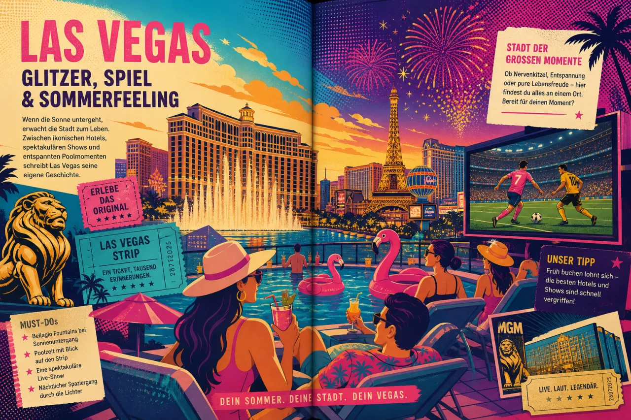 Las Vegas Strip mit MGM-Hotels, Poolbereich und sommerlichem Abendlicht
