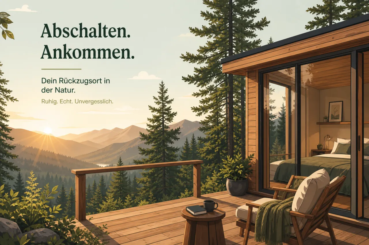 Abgelegene Cabin in der Natur mit Holzterrasse und weitem Blick ins Grüne