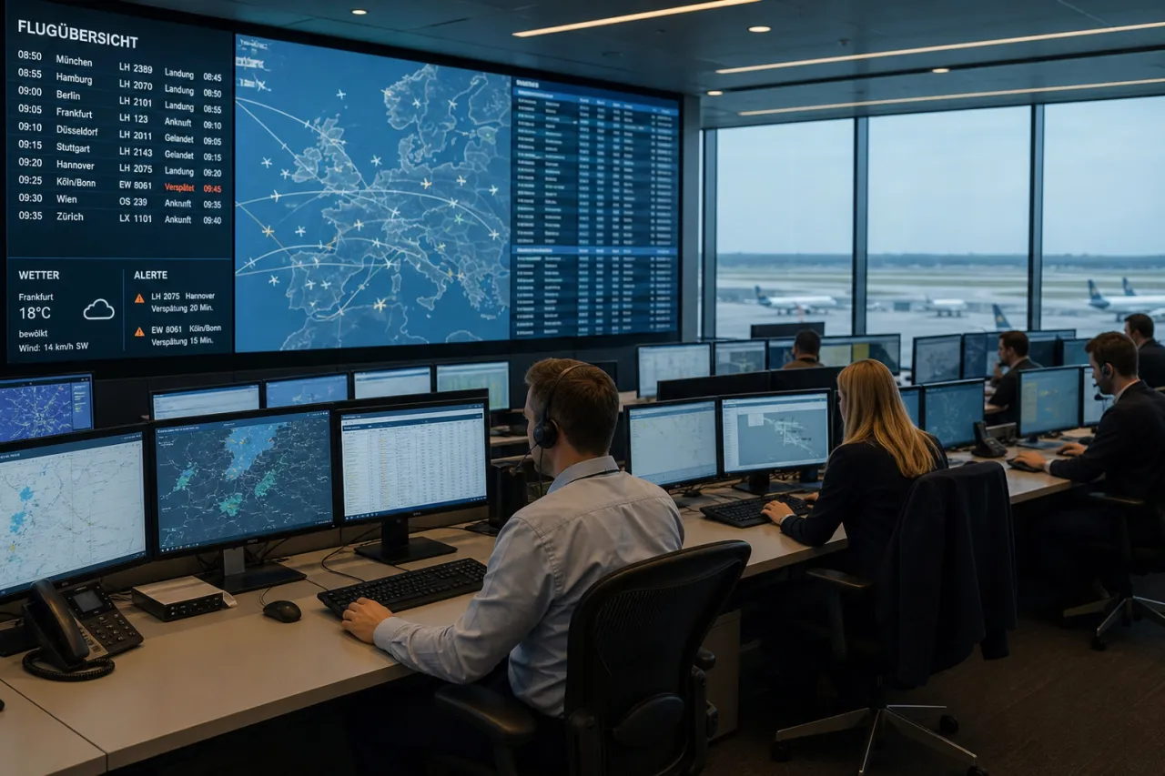 Airline-Operations-Center mit Bildschirmen und Disponenten im Arbeitsalltag