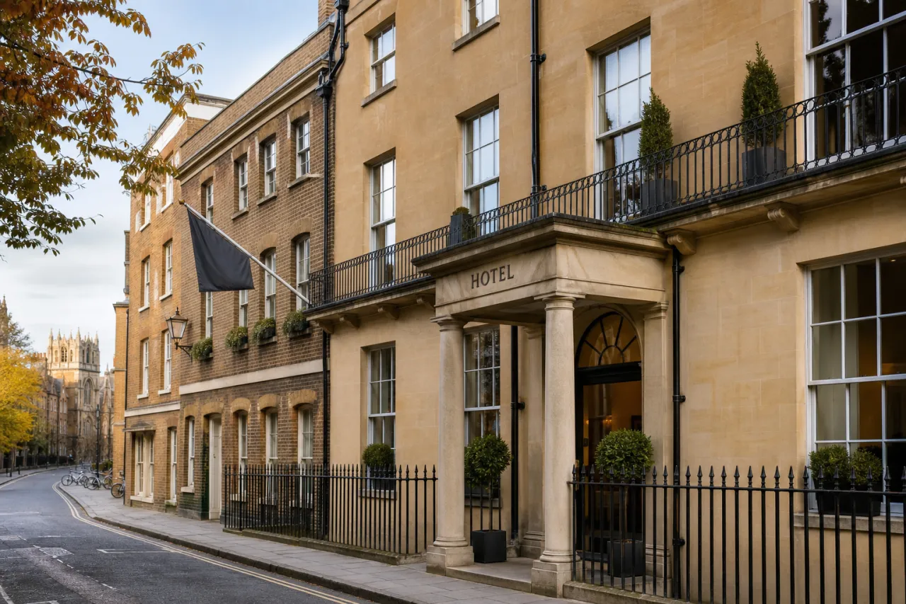 Das Gonville Hotel in Cambridge mit klassischer Fassade und Stadtumfeld