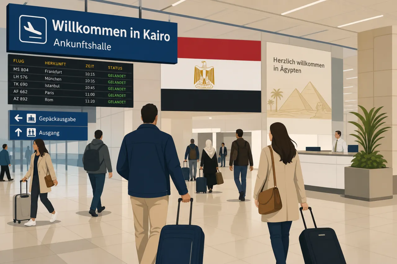 Ägypten-Fahne am Flughafen Kairo mit Hinweis auf digitales Visa-on-Arrival