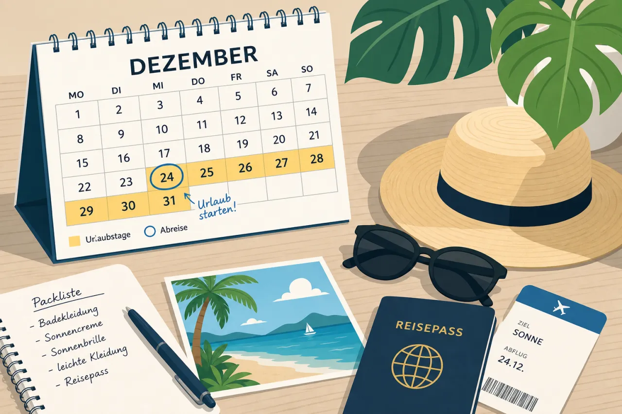 Kalender mit markierten Urlaubstagen im Dezember und Sommer